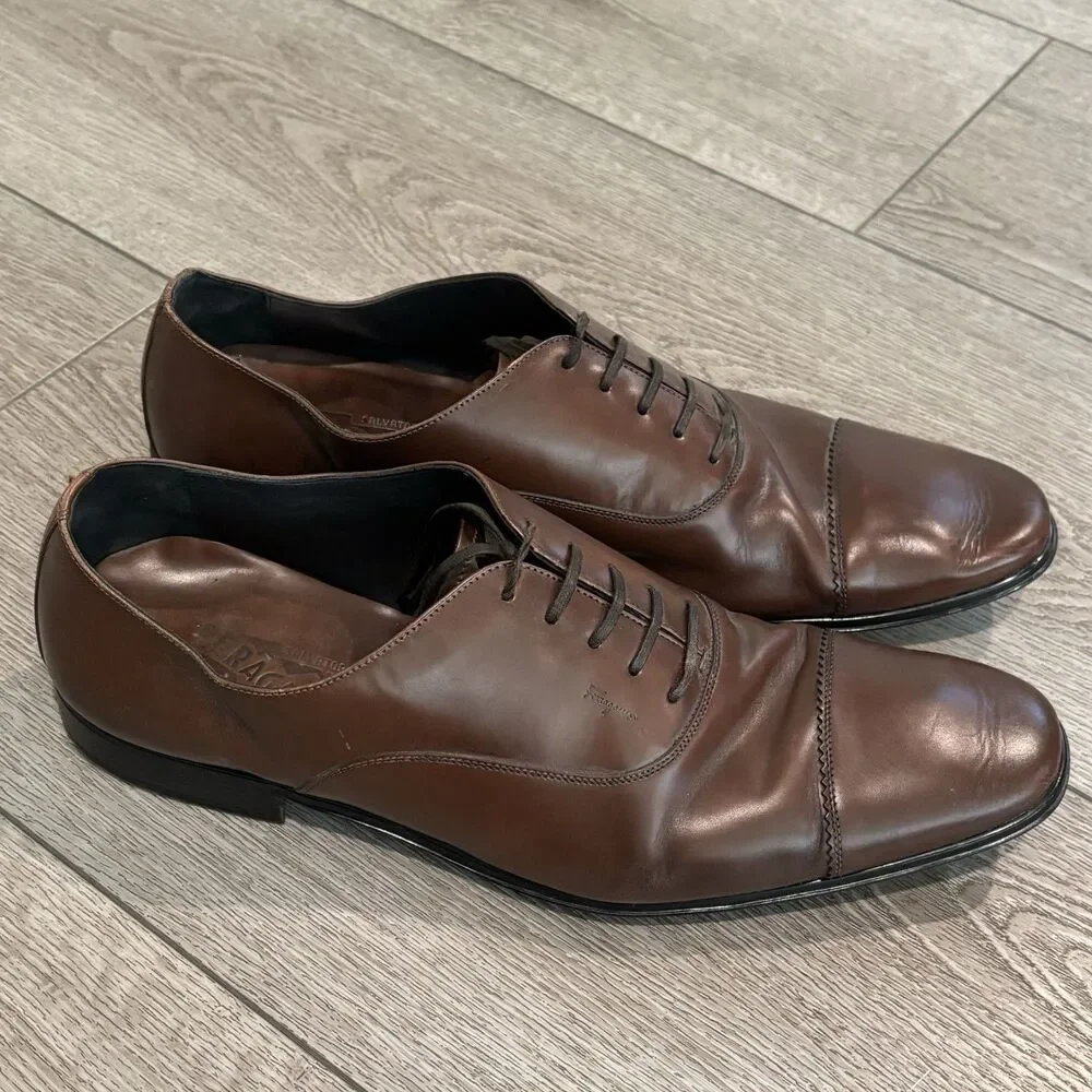 Salvatore Ferragamo Mens Size 13 Brown‎ Oxford Leather Lace Up Dress Shoes